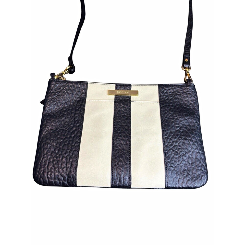 Cole Haan 100% Genuine Leather Black & White Striped Crossbody Bag Zip Closure